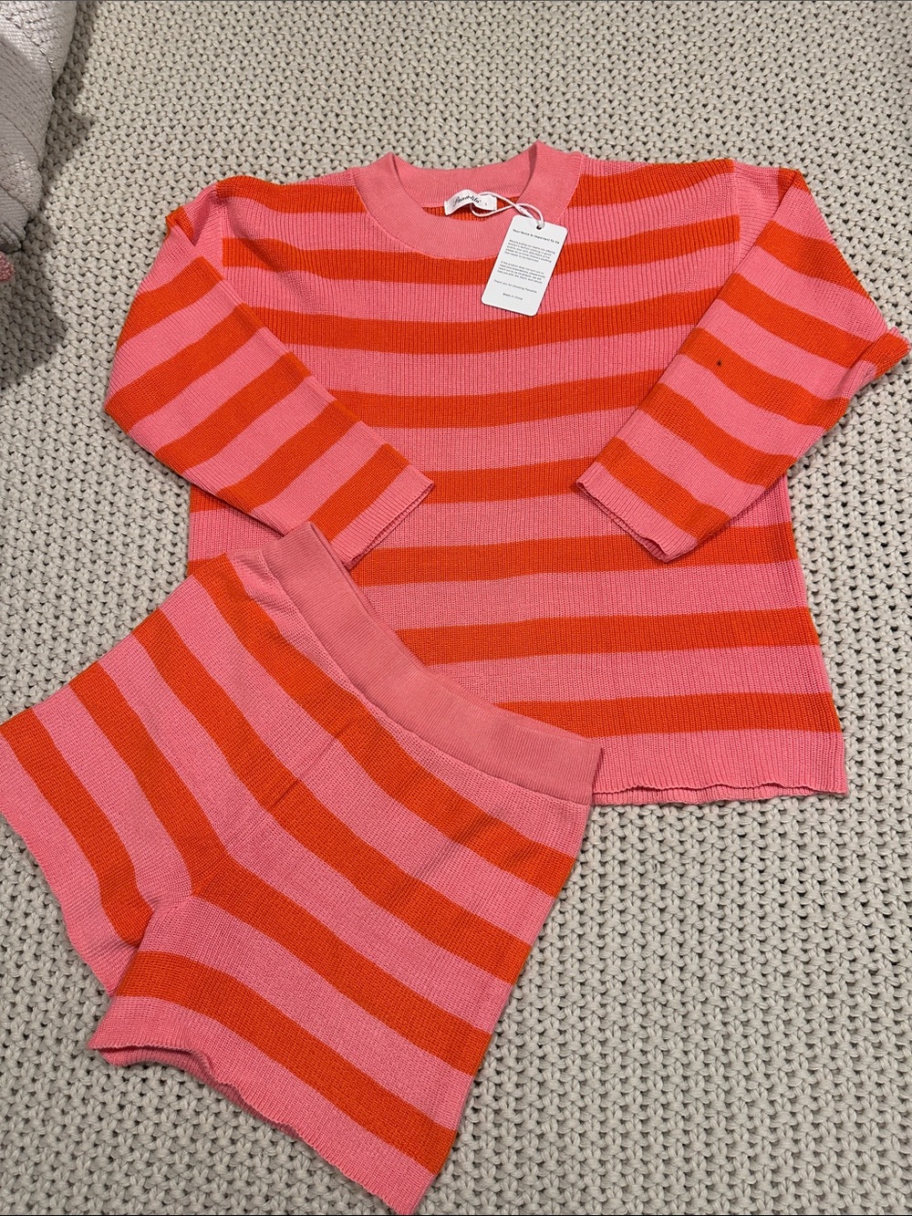 Cozy Striped Women’s Matching Sweater/Shorts Set in Pink & Orange
